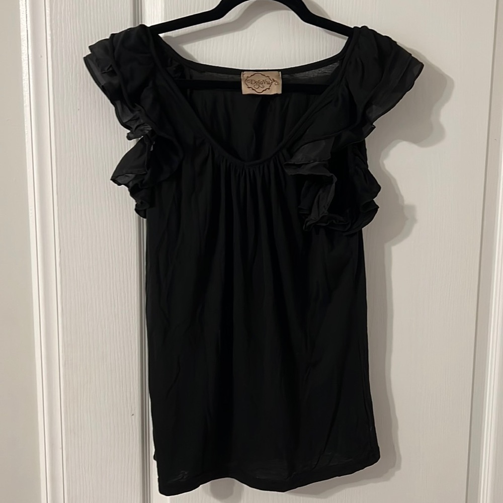 Dejavu Womens Black 100% Cotton Ruffle Cap Sleeve Scoop Neck Top Size M 6330